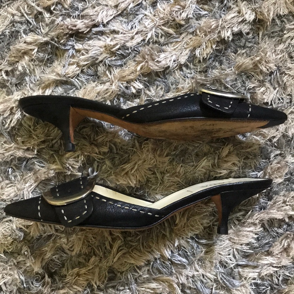 Prada Black Leather Buckle Mules White Contrast Stitch Kitten Heel 35.5 - Picture 5 of 7